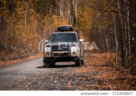 Japanase SUV moving by a forest road in autumn Japanase SUV moving by a forest road in autumn 115208807