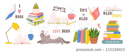 Reading and book. Cartoon colorful elements reading lovers. Open books, stack book, cozy atmosphere, houseplant sleeping cat, glasses cup of tea. Vector set Reading and book. Cartoon colorful elements reading lovers. Open books, stack book, cozy atmosphere, houseplant sleeping cat, glasses cup of tea. Vector set 115208925