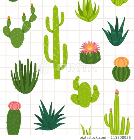 Green cactuses pattern. Cactuses and succulents, desert plants seamless texture. Different cacti repeat on background. Fabric with natural green summer plant. Vector backdrop 115208926