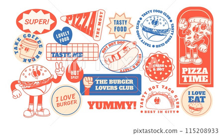 Retro fast food stickers. Cartoon junk food character patches. Funny cafe meals mascot. Vintage style 60s - 70s badges with burger, pizza, hot dog. Groovy vector elements 115208933