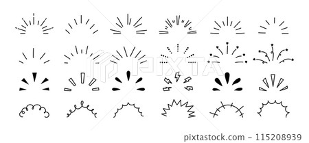 Doodle rays and sparkles. Sunlight sparks, explosion. Hand drawn line confetti, surprise elements, shining curves frames. Celebration ornaments decor vector signs 115208939