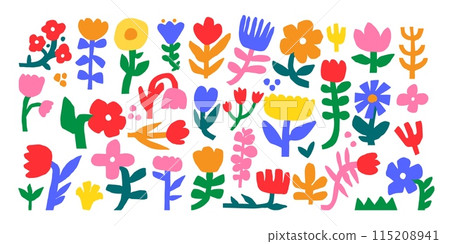 Doodle abstract flowers. Cutout botanic plant. Naive simple flowers and leaves. Cute organic floral shapes. Colorful natural objects. Funny kids garden vector elements 115208941