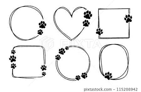 Pet footprint frame. Doodle shape frames with dog or cat paws. Hand drawn outline circle, heart, square boarder with cute animal steps. Adopted animal. Pets love vector concept 115208942