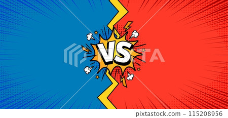 Comic vs fight scene. Versus background with blue and red color parts. Halftone banner with frames. Duel poster with retro stripes, lightning, rays, explosion cloud. Vector concept Comic vs fight scene. Versus background with blue and red color parts. Halftone banner with frames. Duel poster with retro stripes, lightning, rays, explosion cloud. Vector concept 115208956
