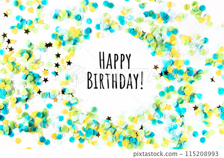 Happy birthday greeting card with confetti, golden stars and ribbons Happy birthday greeting card with confetti, golden stars and ribbons 115208993