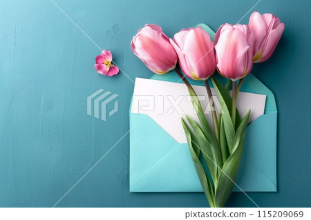 Three pink tulips in turquoise envelope on turquoise background. Mockup with white card. Flat lay, top view. generative ai. 115209069