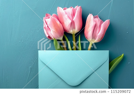 Three pink tulips in turquoise envelope on turquoise background. Mockup with white card. Flat lay, top view. generative ai. 115209072