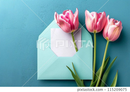 Three pink tulips in turquoise envelope on turquoise background. Mockup with white card. Flat lay, top view. generative ai. 115209075