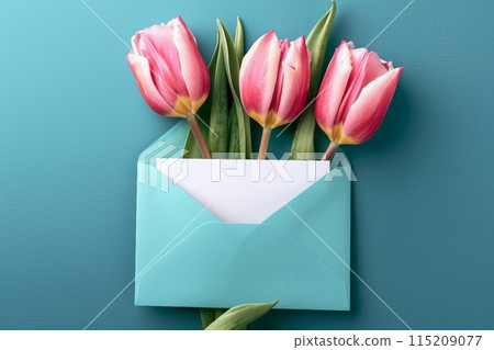 Three pink tulips in turquoise envelope on turquoise background. Mockup with white card. Flat lay, top view. generative ai. Three pink tulips in turquoise envelope on turquoise background. Mockup with white card. Flat lay, top view. generative ai. 115209077