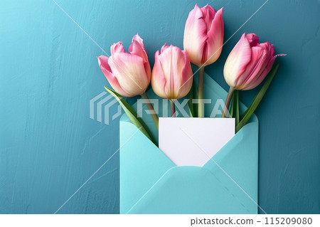 Three pink tulips in turquoise envelope on turquoise background. Mockup with white card. Flat lay, top view. generative ai. 115209080