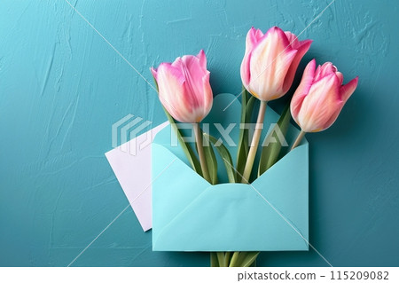 Three pink tulips in turquoise envelope on turquoise background. Mockup with white card. Flat lay, top view. generative ai. 115209082