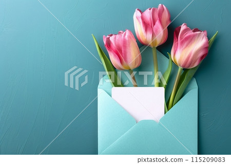 Three pink tulips in turquoise envelope on turquoise background. Mockup with white card. Flat lay, top view. generative ai. Three pink tulips in turquoise envelope on turquoise background. Mockup with white card. Flat lay, top view. generative ai. 115209083