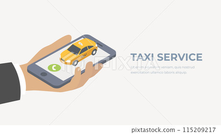 Taxi service concept. Isometric taxi car illustration. Hand with smartphone. 115209217