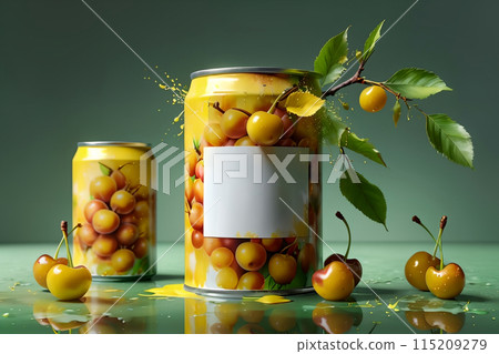 canned food, ripe yellow cherries canned in jars 115209279