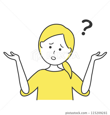 A woman with doubts. A line drawing illustration of a housewife posing with her hands up. 115209281