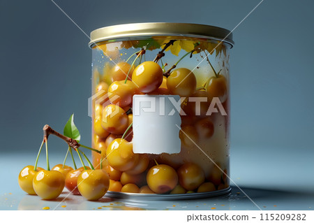 canned food, ripe yellow cherries canned in jars 115209282
