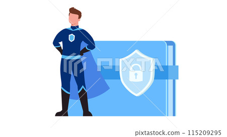 Standing security hero with lock shield on file. Data security concept, vector illustration Standing security hero with lock shield on file. Data security concept, vector illustration 115209295