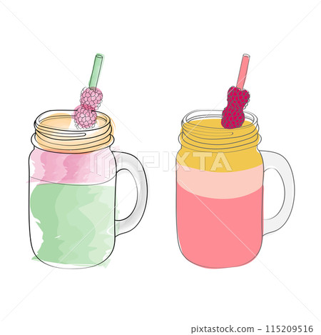 A digital illustration of two mason jars filled with smoothies, each topped with a raspberry and a straw. A digital illustration of two mason jars filled with smoothies, each topped with a raspberry and a straw. 115209516