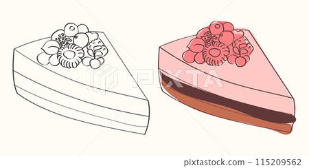 A line drawing and colored version of a slice of cake with berries on top. A line drawing and colored version of a slice of cake with berries on top. 115209562