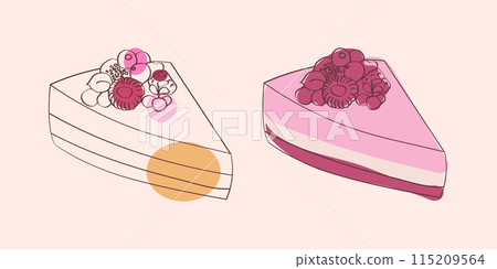 A simple line drawing of two slices of cake with berries, one with a yellow and orange center and the other pink and red, against a light pink background. A simple line drawing of two slices of cake with berries, one with a yellow and orange center and the other pink and red, against a light pink background. 115209564