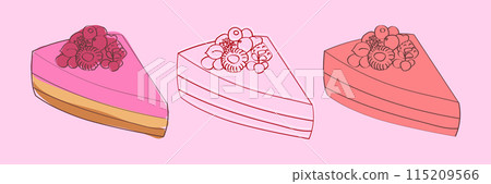 A digital illustration of three slices of cake with different toppings of berries. A digital illustration of three slices of cake with different toppings of berries. 115209566