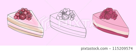 A digital illustration of a pink cake slice with a raspberry topping, in three variations - full color, line art, and a darker color variation. A digital illustration of a pink cake slice with a raspberry topping, in three variations - full color, line art, and a darker color variation. 115209574