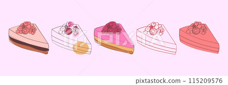 An illustration of five different cake slices, all topped with various berries. An illustration of five different cake slices, all topped with various berries. 115209576