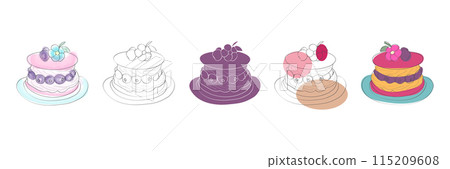 A set of five hand-drawn cakes with various toppings and color schemes, featuring blueberries and other berries. 115209608