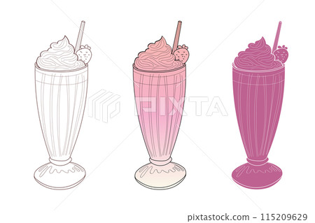 A digital illustration of three strawberry milkshakes. One is in black and white, one is in shades of pink and white, and one is in a deeper shade of pink. All have a straw and strawberry garnish. A digital illustration of three strawberry milkshakes. One is in black and white, one is in shades of pink and white, and one is in a deeper shade of pink. All have a straw and strawberry garnish. 115209629