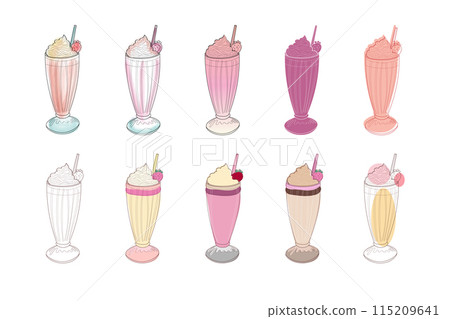 A collection of ten hand-drawn milkshake illustrations, featuring various colors and toppings. A collection of ten hand-drawn milkshake illustrations, featuring various colors and toppings. 115209641