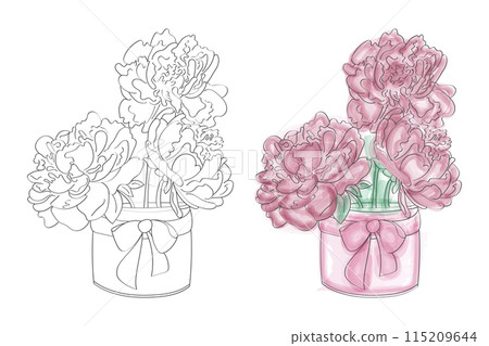 A hand-drawn illustration of a bouquet of pink peonies in a vase with a pink bow. 115209644