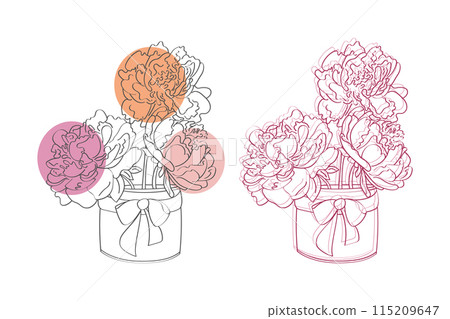 A line art illustration of two bouquets of peonies in vases with bows. One bouquet is in black and white with pink and orange circles behind it. The other bouquet is in pink 115209647