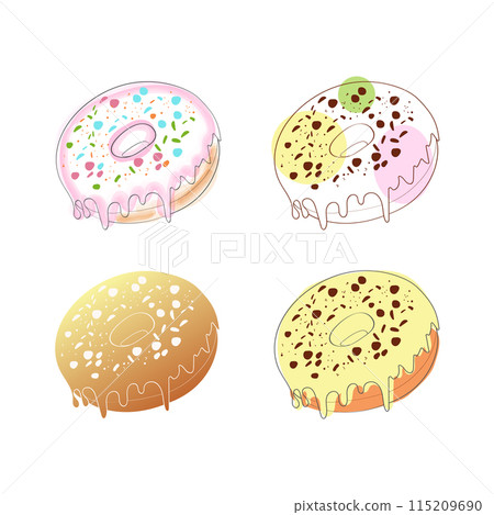 A digital illustration showcasing four glazed doughnuts with various toppings. Each donut is presented individually against a white background. The donuts have a variety of toppings A digital illustration showcasing four glazed doughnuts with various toppings. Each donut is presented individually against a white background. The donuts have a variety of toppings 115209690