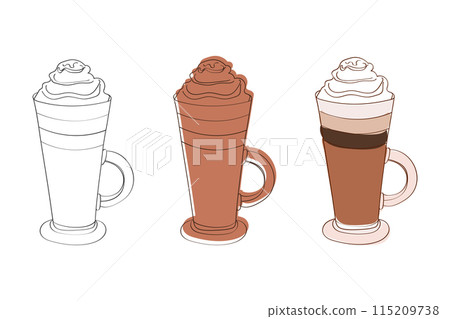 This line art illustration depicts three different iced coffee beverages. The drinks are in tall glasses with handles and topped with whipped cream 115209738