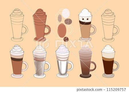 This illustration features a set of ten different coffee and whipped cream drinks. Each drink is unique in its way, showcasing a variety of flavors and styles This illustration features a set of ten different coffee and whipped cream drinks. Each drink is unique in its way, showcasing a variety of flavors and styles 115209757