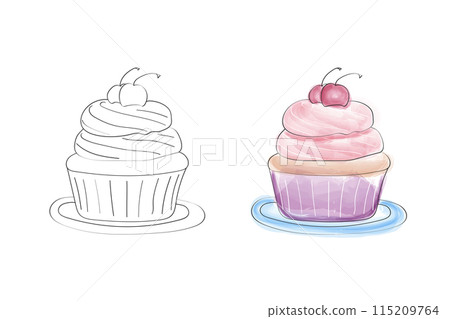 Coloring page featuring a simple, cartoon-style illustration of a cherry cupcake. On the left is an outline of the cupcake, while the right side shows the cupcake with watercolor-style coloring. 115209764