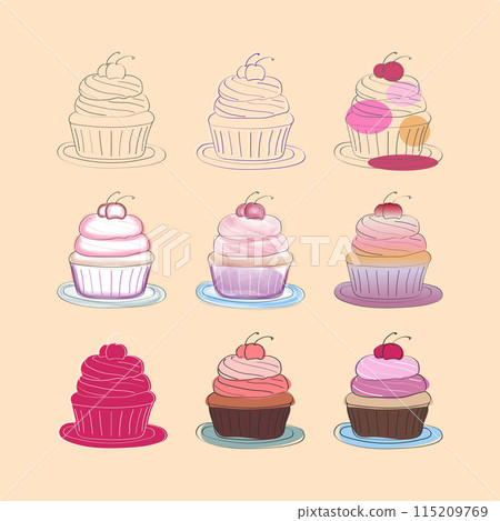 A digital illustration featuring nine cupcakes with cherries on top. Each cupcake is in a different stage of completion, from a simple outline to fully colored 115209769
