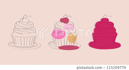 Three hand-drawn illustrations of cupcakes with a cherry on top. The first cupcake is a simple outline, the second is filled with pink and orange accents, and the third is a solid pink. 115209770