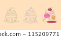 A simple line drawing of three cupcakes with cherry toppings. Each cupcake is on a plate and features different coloring icing. 115209771
