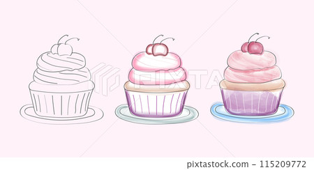 This image shows the stages of drawing a cherry cupcake. The first image is a simple line drawing, second and final adds color and detail with shading and highlights This image shows the stages of drawing a cherry cupcake. The first image is a simple line drawing, second and final adds color and detail with shading and highlights 115209772