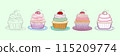 This image features five hand-drawn illustrations of cupcakes. The first cupcake is a simple outline, while the other four are rendered in various shades of pink, green, and blue. 115209774