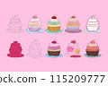 A digital illustration of ten colorful cupcakes with cherries on top. Each cupcake is unique, with different frosting colors and patterns. 115209777