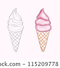 This image showcases a digital drawing of an ice cream cone. The image includes a black and white outline on the left side and a colored version on the right 115209778