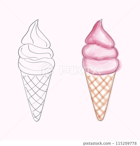 This image showcases a digital drawing of an ice cream cone. The image includes a black and white outline on the left side and a colored version on the right 115209778