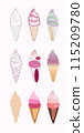 A set of nine hand-drawn ice cream cones in various colors and flavors, including vanilla, chocolate, strawberry, and mint 115209780