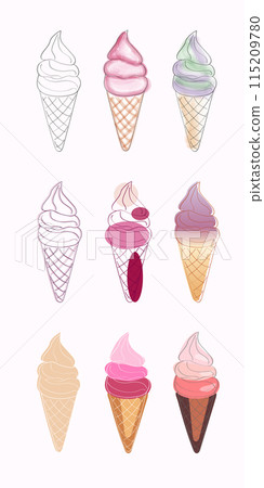A set of nine hand-drawn ice cream cones in various colors and flavors, including vanilla, chocolate, strawberry, and mint 115209780