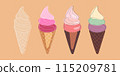 This image depicts four colorful ice cream cones, each with a different flavor combination, on a warm orange background 115209781