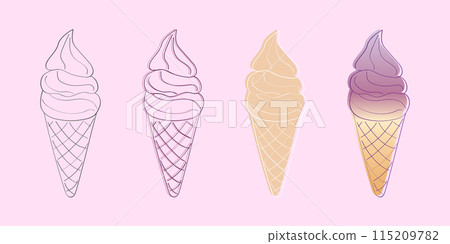This illustration depicts four ice cream cones in various stages of completion. From a simple outline to a fully shaded image, the cones show the progress of creating a digital design. 115209782