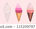 This image features a line art illustration of three ice cream cones. The cones are shown in different stages of completion, with one cone outlined in black, one partially colored, and one fully color 115209787