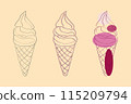 This image depicts a simple line drawing of three ice cream cones. The cones are drawn in black and white, with the addition of pink and purple colors to the rightmost cone 115209794